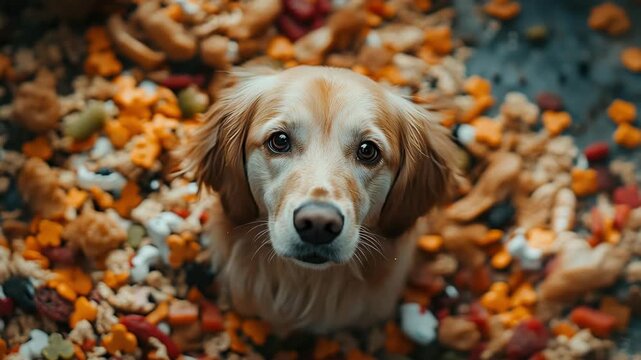 Golden retriever among dog biscuits