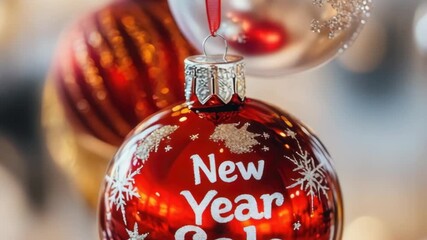 Festive red christmas ornament with new year sale text and snowflake design - Powered by Adobe