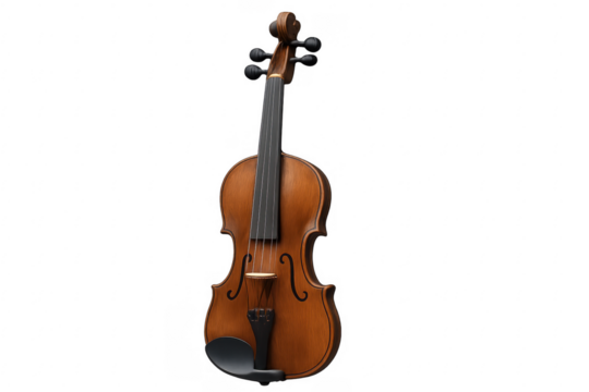 Wooden violin lying on transparent background with tuning pegs and chin rest