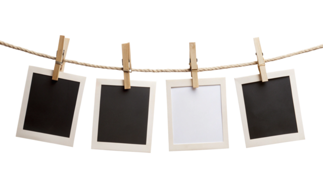 Four blank instant photo frames hanging on a rope