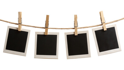 Four blank instant photo frames hanging on a rope