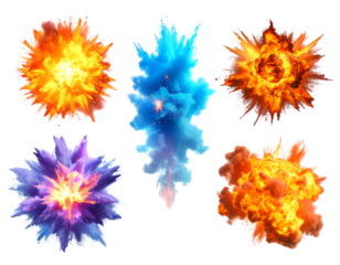 Top-Down View of Five Explosion Effects Isolated on Transparent Background