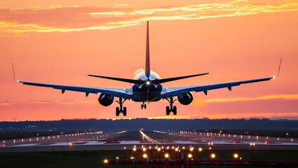 Airplane Landing on Runway During Golden Hour Sunset