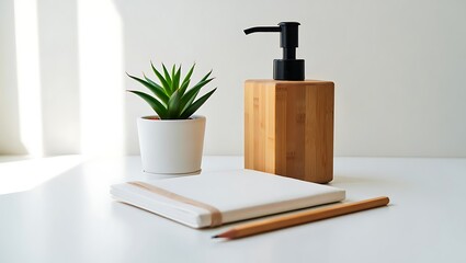 Minimalist Desk Setup with Potted Plant and Notebook