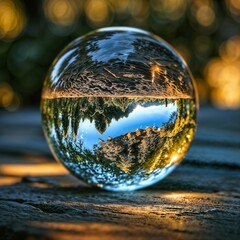 crystal ball reflecting scenic trees and blue sky with dreamy bokeh background for design projects