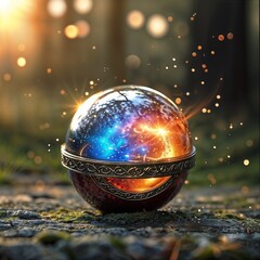 magical crystal ball glowing with blue and orange light in forest bokeh background for fantasy design
