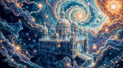 mystical castle floating in spiral galaxy with cosmic clouds for fantasy artwork