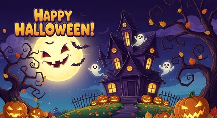 Spooky Halloween Night Scene with Haunted House and Smiling Moon