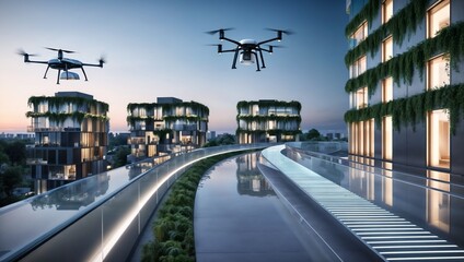 futuristic eco city with green buildings and flying drone for future lifestyle concept