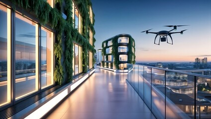 sustainable urban landscape with modern architecture and drone for eco innovation projects