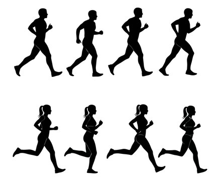Phases of the running gait cycle for male and female runners isolated on white background