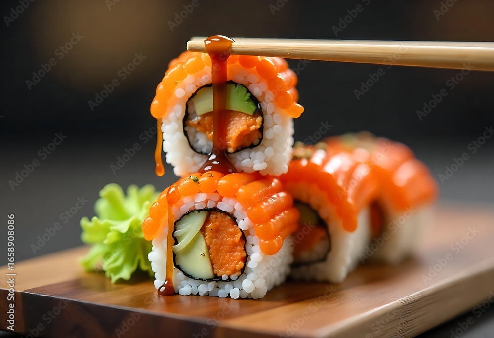 Poster generative ai: sushi stack with sauce drizzle.