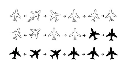 Obraz premium Sequence of airplane icons showing flight progression isolated on white background