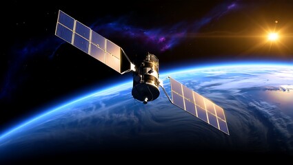 Advanced Communication Satellite Orbiting Earth with Solar Panels Extended