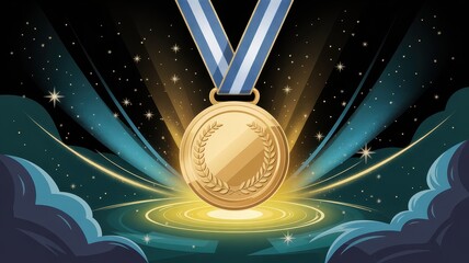 A golden medal with a blue ribbon is displayed against a star-filled night sky with radiating light.