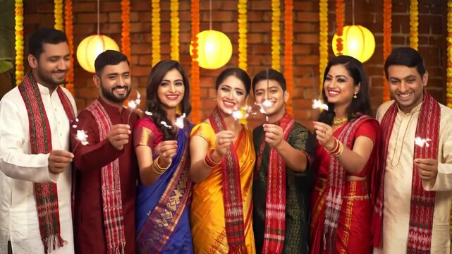 A joyful group of Indian friends and family in traditional attire celebrating a festival with glowing sparklers in front of a decorated wall.