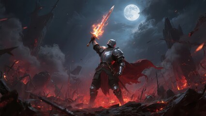 A knight in shining armor raises a flaming sword under a full moon.