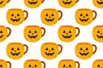 Seamless pattern with Halloween mugs featuring jack-o-lantern faces on white background