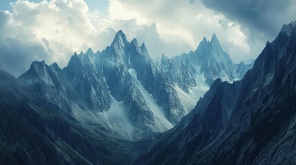 Majestic mountain range under a dramatic sky.