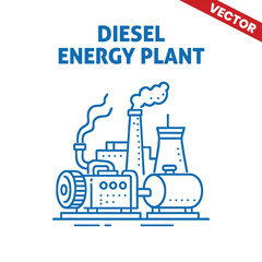 Diesel Power Energy Plant with Large Diesel Engines, Exhaust Pipes, and Emissions for Industrial Power Generation and Electricity Supply - Outline Graphic Style