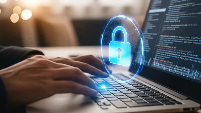 Fingers type rapidly on a laptop keyboard blue padlock hovers over the screen protecting data during online activities promoting digital safety