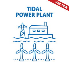 Tidal Power Plant with wind turbines and industrial building on water platform, outline graphic illustration