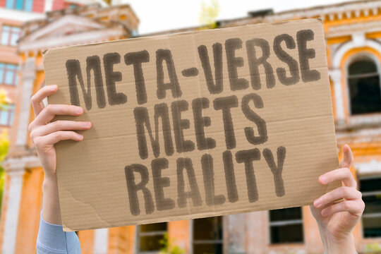Meta-Verse Meets Reality. Slogan claims the metaverse is merging with daily life as online worlds go mainstream. AUGMENTED. HYBRID. NETWORKS. COMMUNITIES. ADOPTION. INTERACTION. CONVERGENCE.