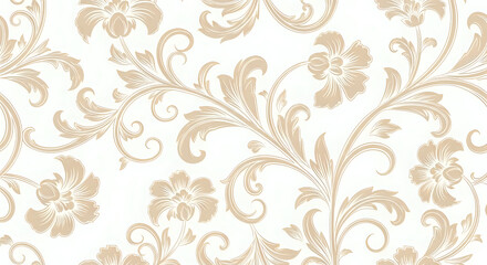 A repeating floral pattern with stylized flowers and swirling leaves in a light tan color against a white background.