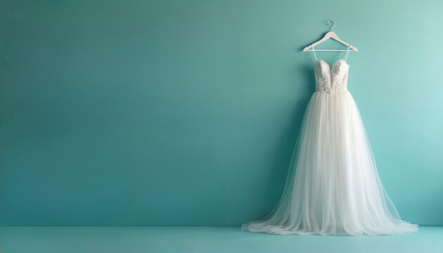 Elegant white wedding dress on hanger against teal backdrop. This bridal gown features delicate lace bodice and flowing tulle skirt, exuding romance and luxury for a special celebration.