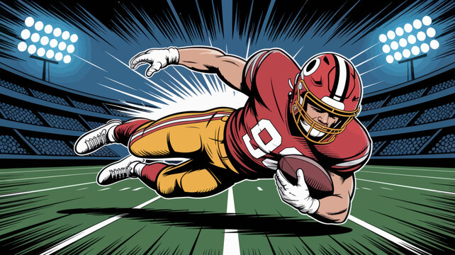 An American football player dives towards the end zone, scoring a touchdown in a stadium.