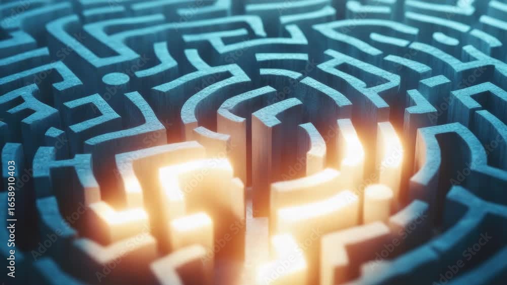 Poster complex labyrinth with illuminated path