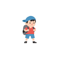 backpack kid on an adventure wearing a blue cap and red shirt exploring outdoors with enthusiasm ideal for childrens books and educational materials.