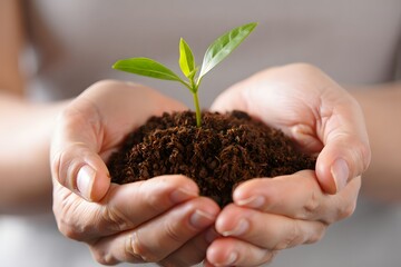 Hands Gently Holding a Small Green Sprout in Soil agriculture