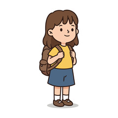Fototapeta premium Backpack kid ready for school wearing a yellow shirt and blue skirt standing and smiling ideal for back-to-school promotions or educational illustrations.