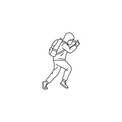 Backpack kid running fast and pointing forward perhaps for a travel blog or active lifestyle campaign conveying adventure and youthful energy in a simple line art