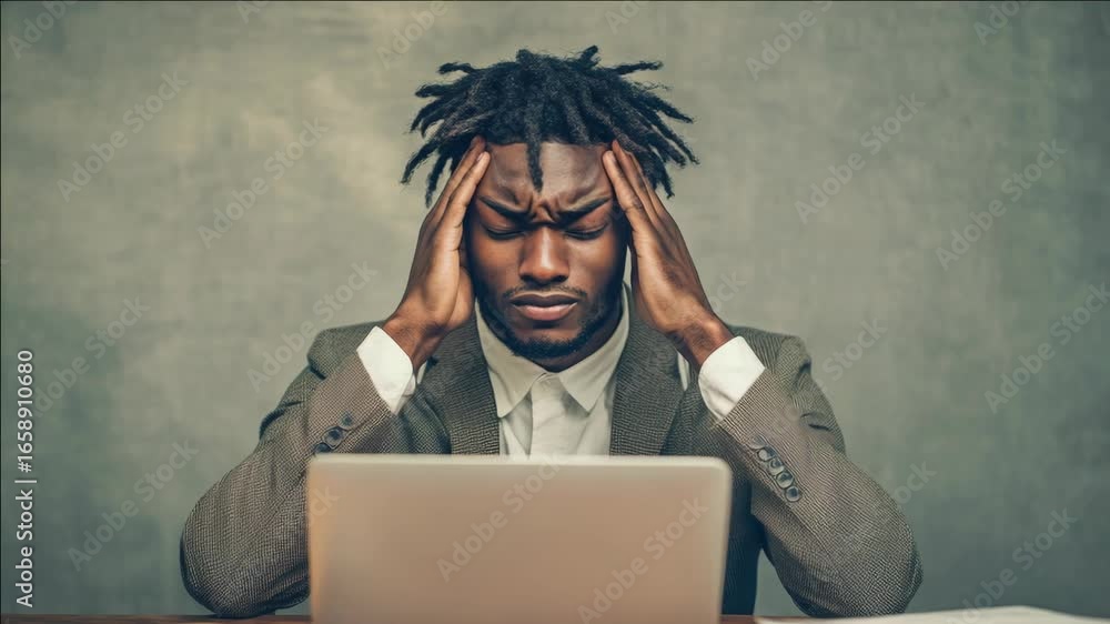 Poster man with headache in an office setting, possibly from excessive computer usage or modern life challe