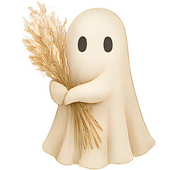 Sepia Kawaii Ghost With Stacked Pumpkins &mdash; No. 106