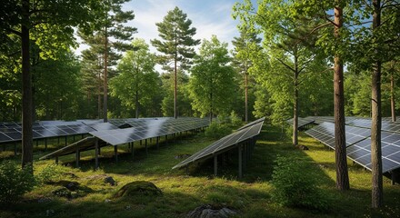 Fototapeta premium Solar panels installed in the green forest, clean alternative energy concept, sustainable energy, environment, solar power, generator