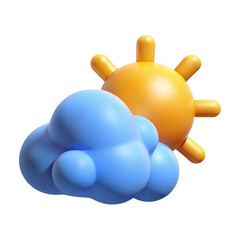3d cartoon sun and fluffy cloud weather icon for digital design transparent background