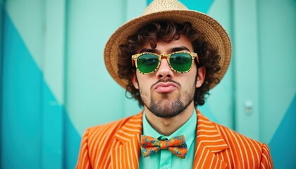 Young man with curly hair wears straw hat, sunglasses, orange striped jacket with bow tie. Makes funny face with pursed lips. Casual attire in retro vintage style against colorful turquoise