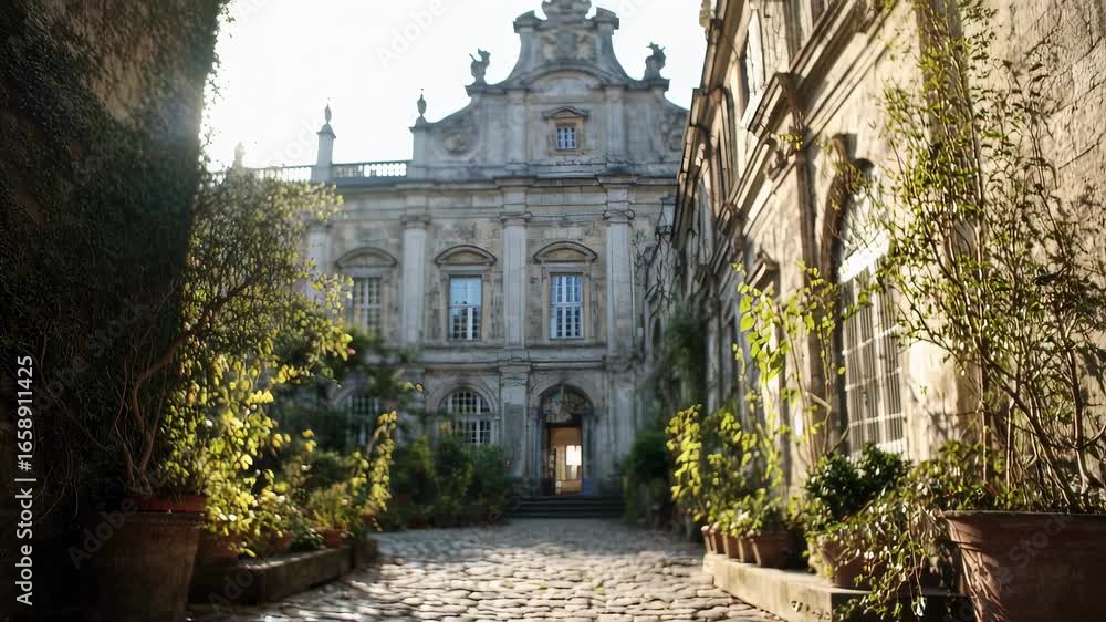 Poster low angle view of a cobblestone path leading to a historic building, with potted plants lining the p