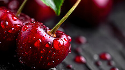 A close up of a cherry with a leaf on top