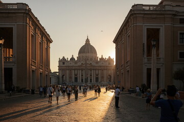 Obraz premium St. Peter's Square during golden hour with pilgrims walking towards the basilica