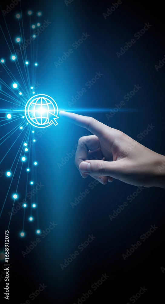 Poster hand touching glowing digital globe icon with network connections on dark background. concept of int