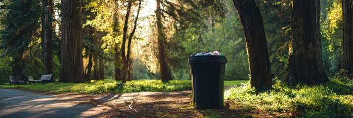 Fototapeta premium Park trash can under sunlight trees