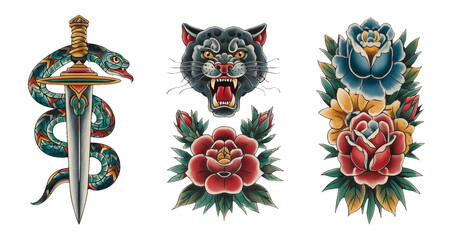 Colorful Traditional Tattoo Elements Isolated on Transparent Background