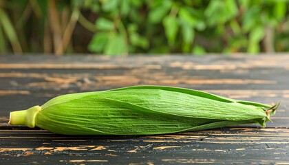 Fresh unripe corn husk on wooden surface