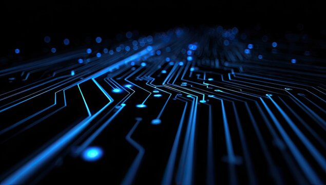 Abstract circuit board design.  Dark, glowing lines and points