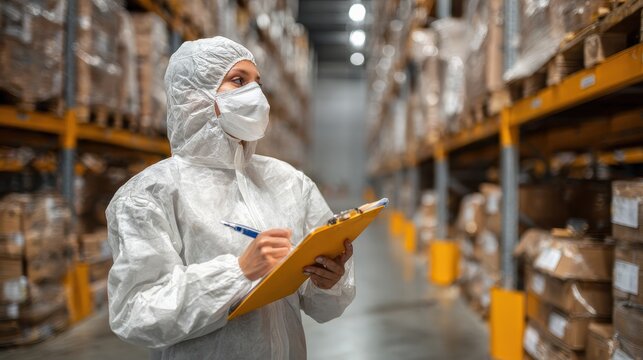 A worker in protective gear checks inventory on a clipboard in a goods-filled warehouse - Powered by Adobe