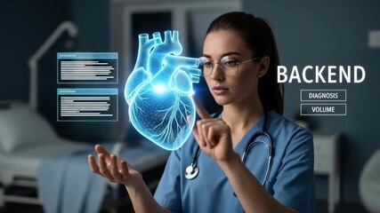 Medical professional interacts with holographic heart data Futuristic health technology Digital display shows backend details Advanced diagnosis meets virtual reality - Powered by Adobe